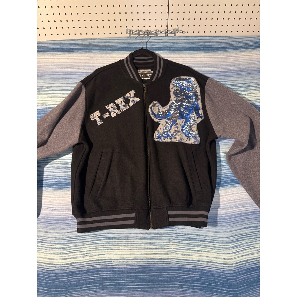 Upcycled Varsity Bomber Jacket Interactive Flip Sequin T-Rex Mens Large